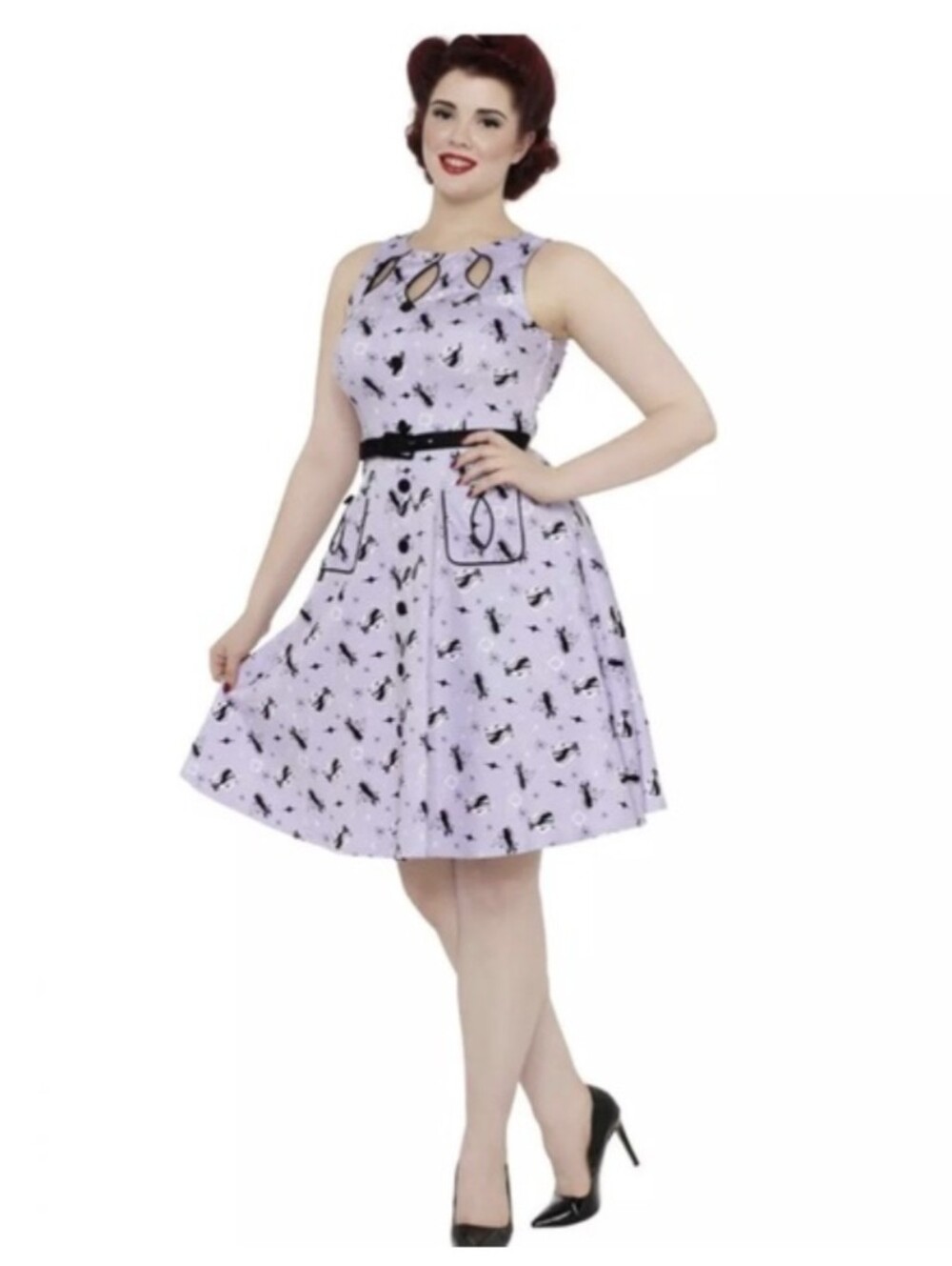 Lavender Cat Print Button-Front Dress